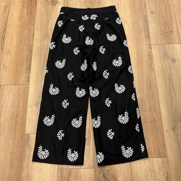 🌟ELIE TAHARI🌟 FLORAL EMBROIDERED WIDE LEG LINEN PANT BLACK / WHITE SZ 8 - Picture 6 of 7